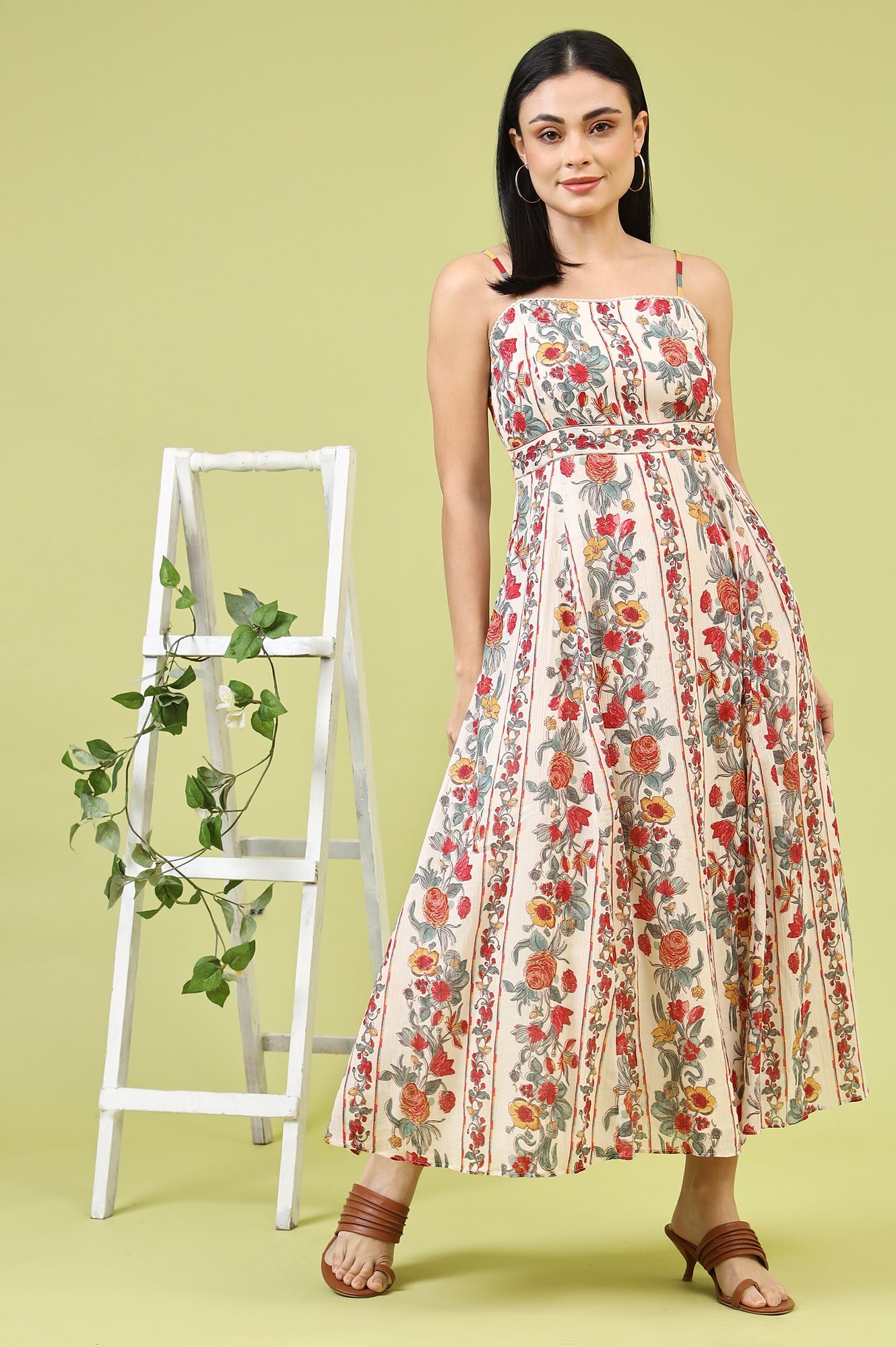 Off-White Vibrant Floral Printed Pure Cotton Flared Spaghetti Dress - Image 10
